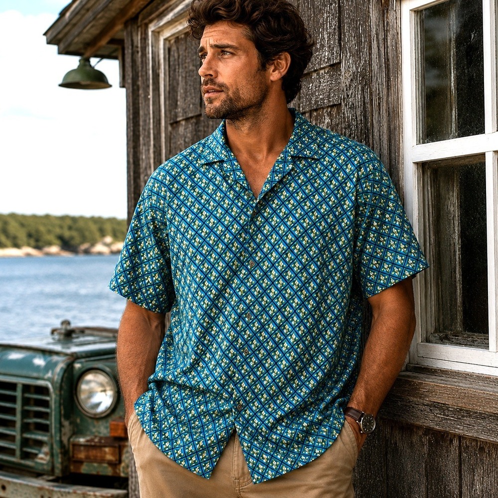 Tasso Elba Silk Blend Shirt Men XL Green Allover Geometric Print Button Up Beach